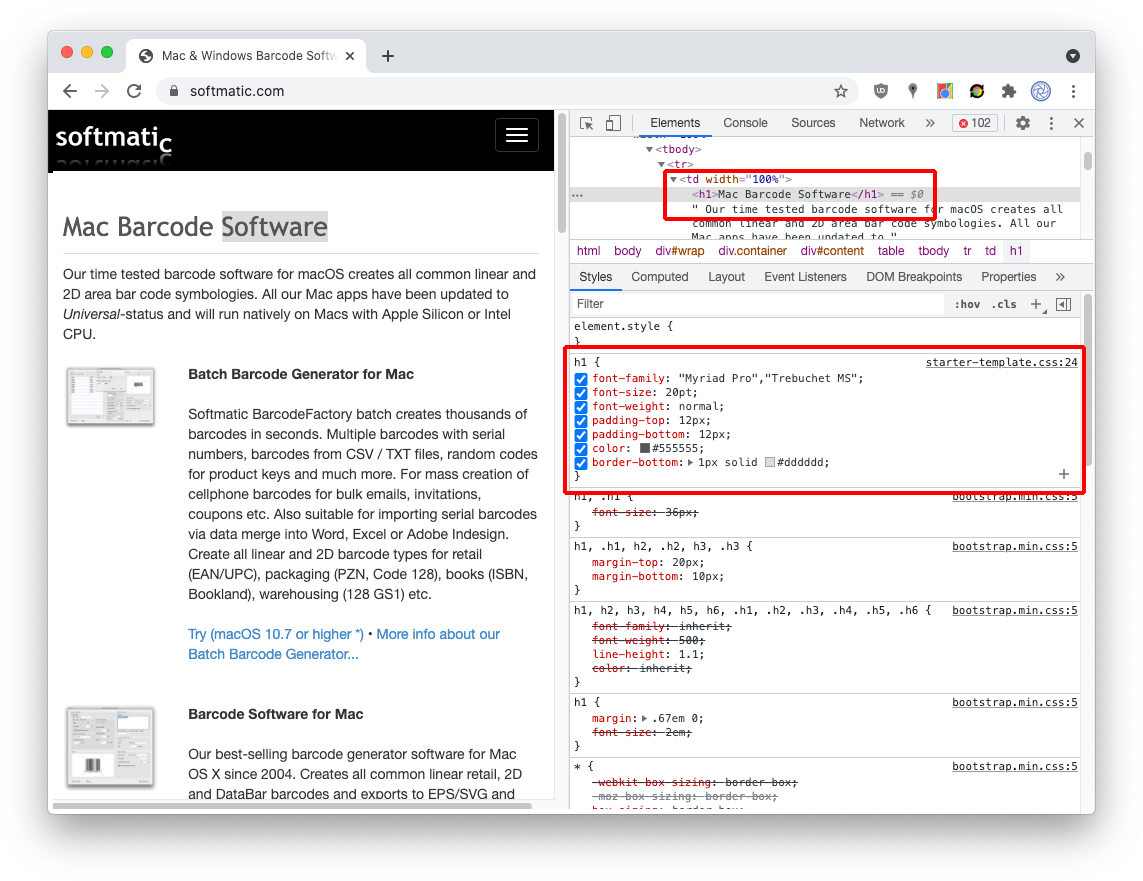 Screenshot: Chrome CSS Inspect - Headline H1 Styles in Chrome Developer Tools